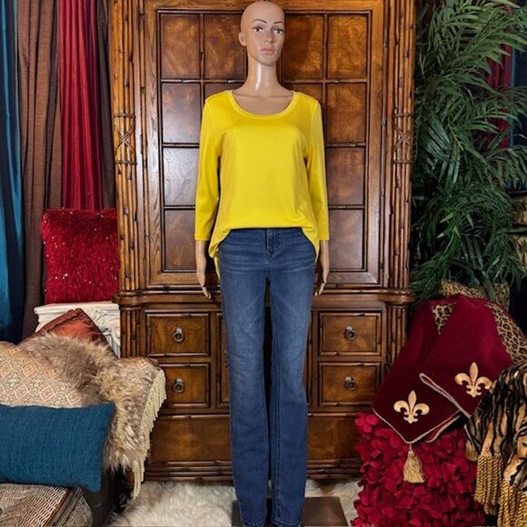 NWOT Isaac Mizrahi Live! Yellow Pima Cotton 3/4 Sleeve Side Slit Scoop Neck Top - Picture 6 of 14
